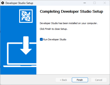 The Completed Developer Studio Setup Wixard window displays with the Finish button highlighted